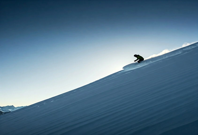 View of a skiier, skiing at auli on the slope of mountain fully covered in snow