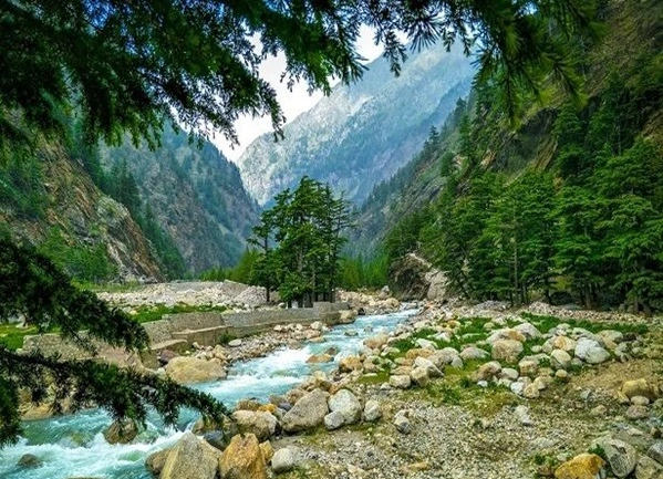 Beautiful view of mountain and river flowing at Harsil valley