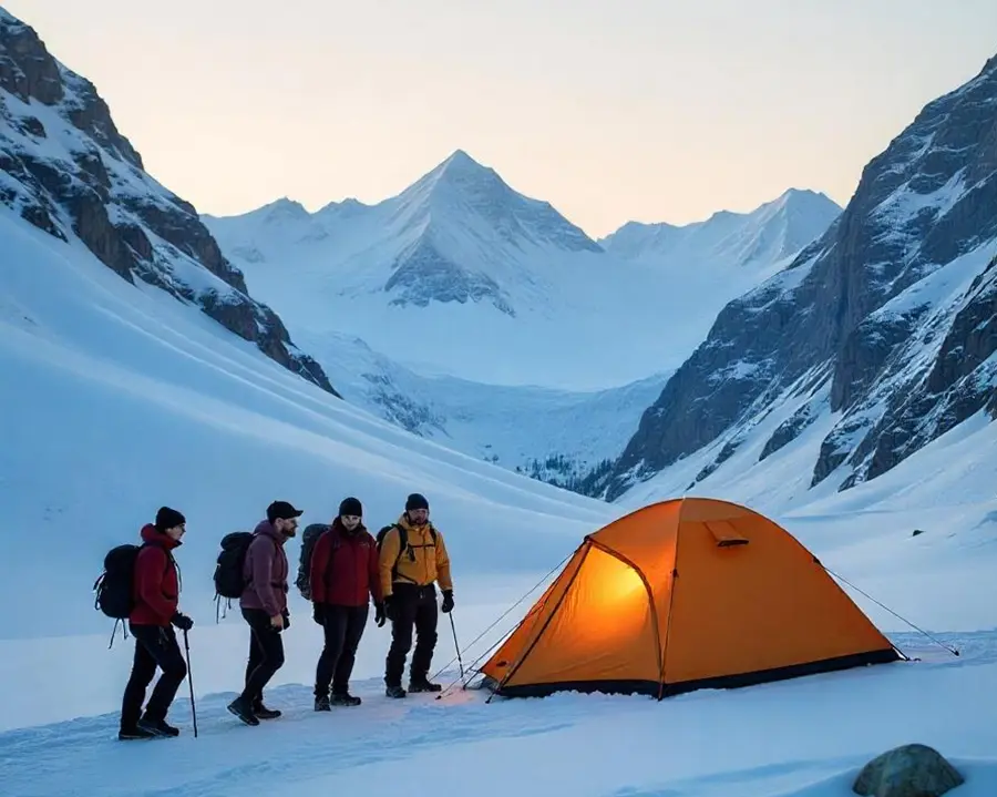 Snow covered mountains, with trekkers camping at a beautiful location near Kartik swami temple