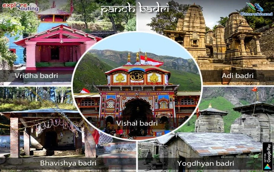 Photos of all the temples of panch badri with the text, telling panch badri on it