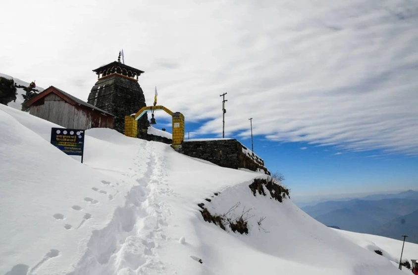 View of snow covered Tungnath temple which is an integral part of Panchkedar temples