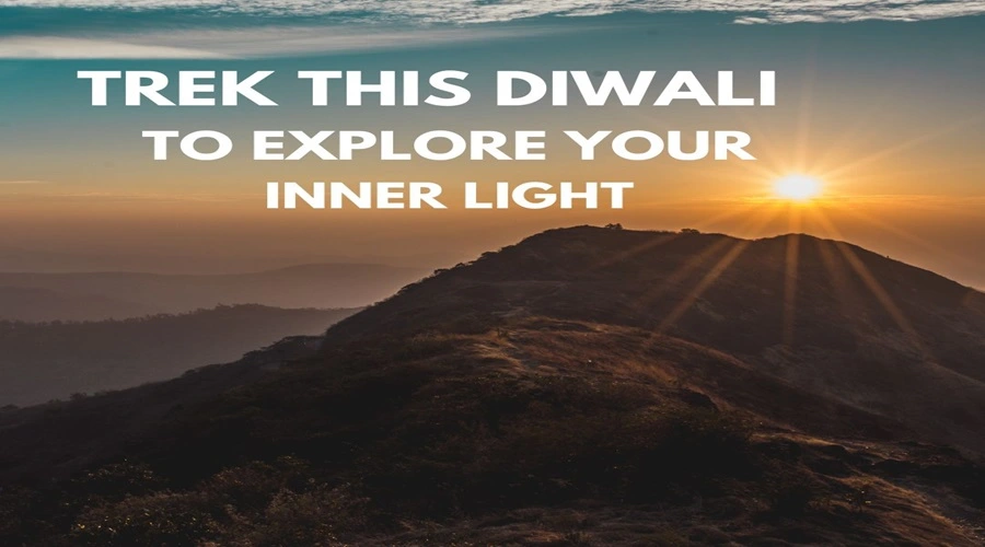 Sun shining above the mountain with a word trek this diwali to explore your inner light