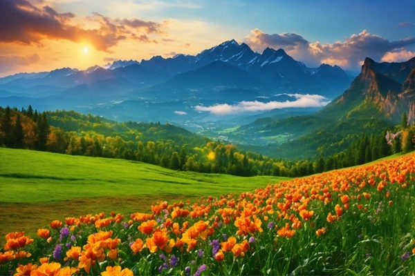 View of lush green valley of flowers