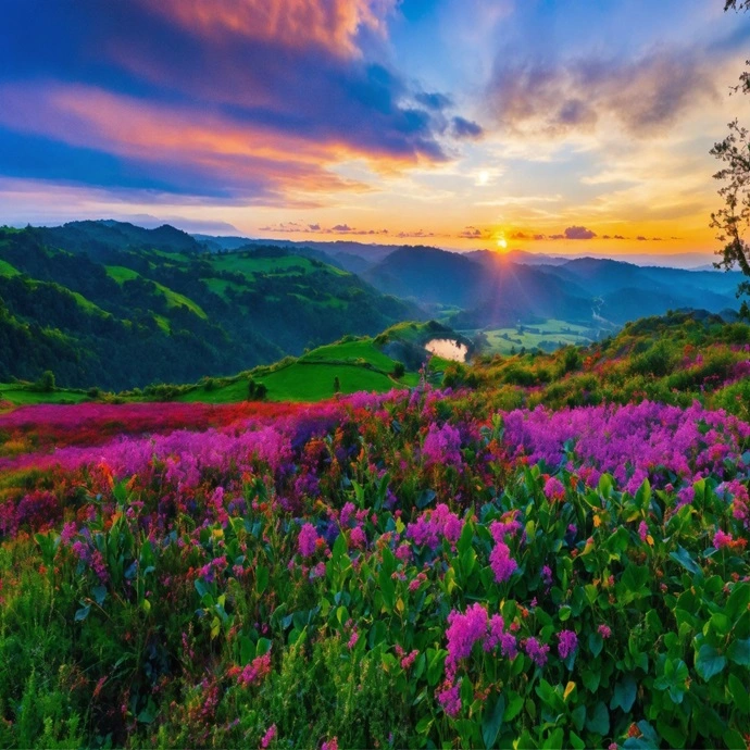 Breath taking view at valley of flowers during sunrise