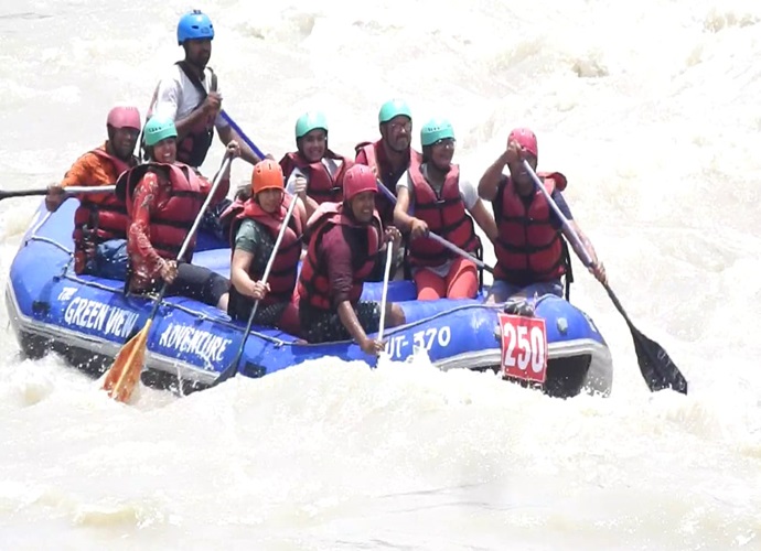 Facing rapids during the rafting at rishikesh